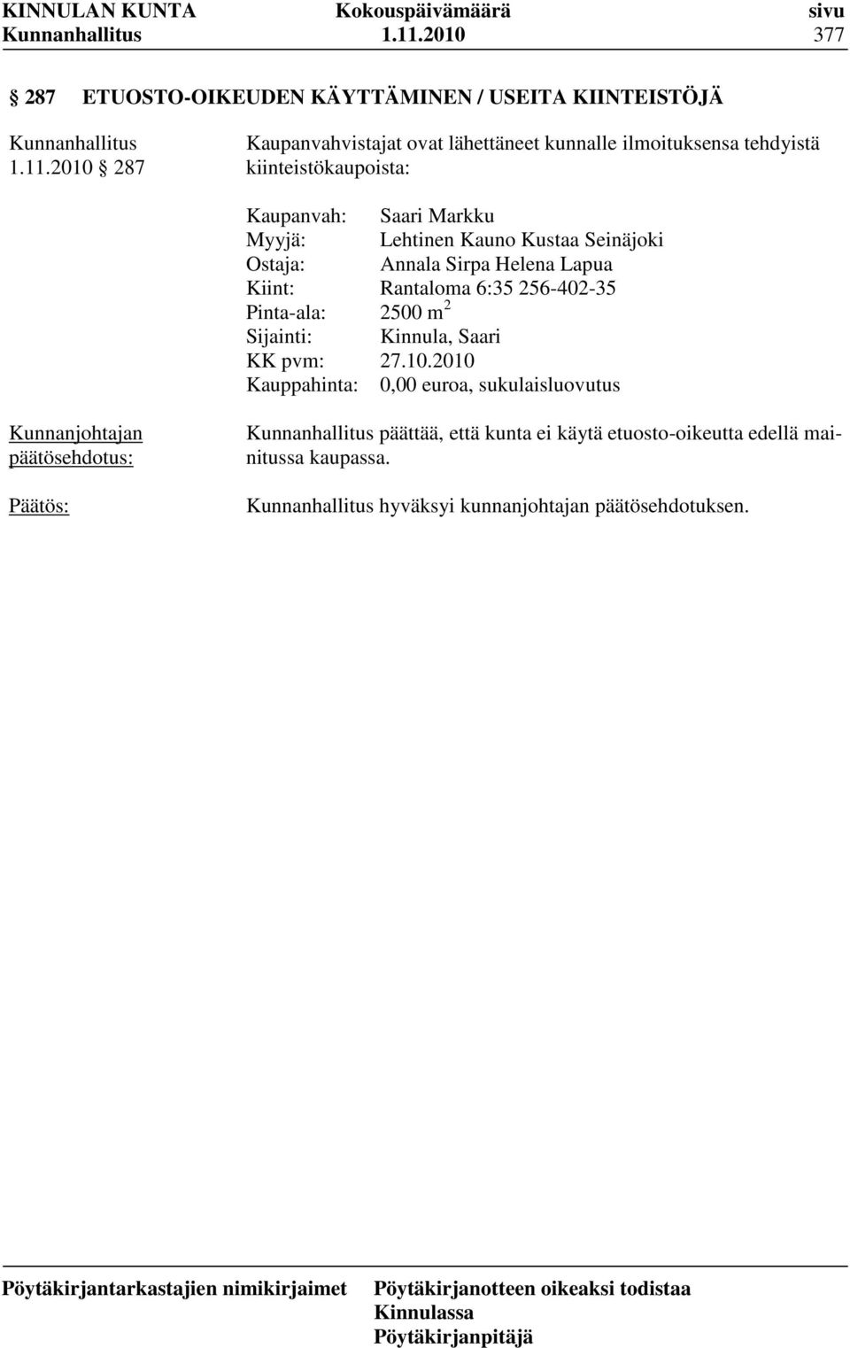 Markku Lehtinen Kauno Kustaa Seinäjoki Annala Sirpa Helena Lapua Rantaloma 6:35 256-402-35 2500 m 2 Kinnula, Saari 27.10.