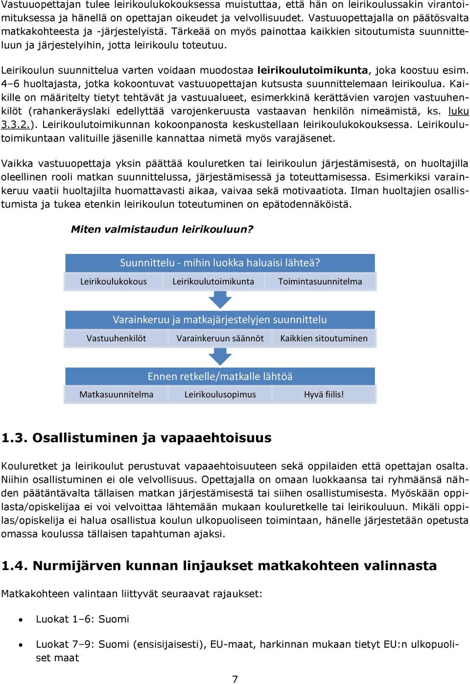 Leirikoulun suunnittelua varten voidaan muodostaa leirikoulutoimikunta, joka koostuu esim. 4 6 huoltajasta, jotka kokoontuvat vastuuopettajan kutsusta suunnittelemaan leirikoulua.