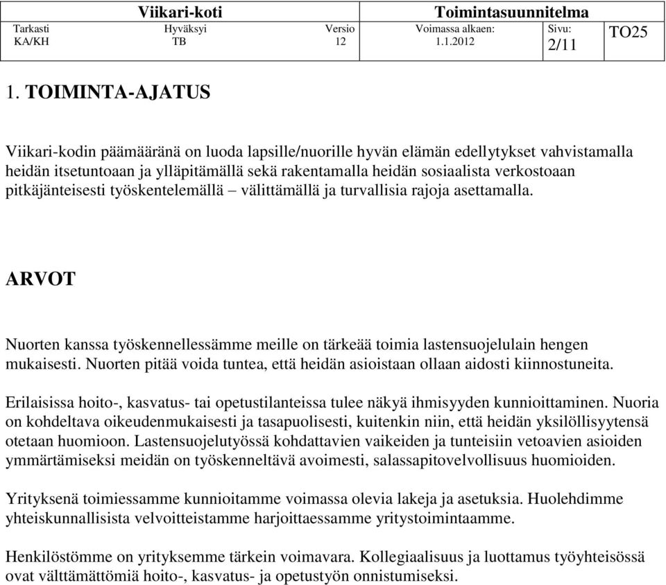 pitkäjänteisesti työskentelemällä välittämällä ja turvallisia rajoja asettamalla. ARVOT Nuorten kanssa työskennellessämme meille on tärkeää toimia lastensuojelulain hengen mukaisesti.