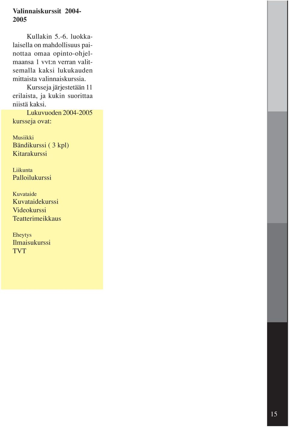 mittaista valinnaiskurssia. Kursseja järjestetään 11 erilaista, ja kukin suorittaa niistä kaksi.