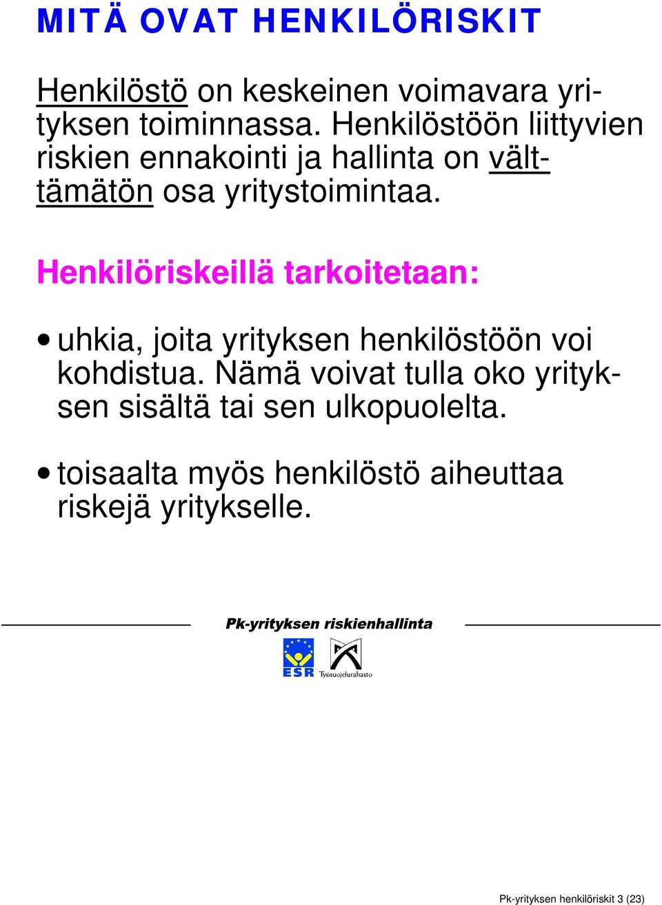 Henkilöriskeillä tarkoitetaan: uhkia, joita yrityksen henkilöstöön voi kohdistua.