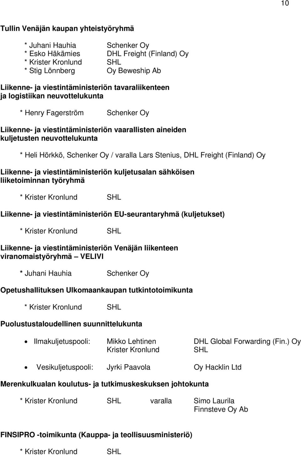 Freight (Finland) Oy Liikenne- ja viestintäministeriön kuljetusalan sähköisen liiketoiminnan työryhmä Liikenne- ja viestintäministeriön EU-seurantaryhmä (kuljetukset) Liikenne- ja