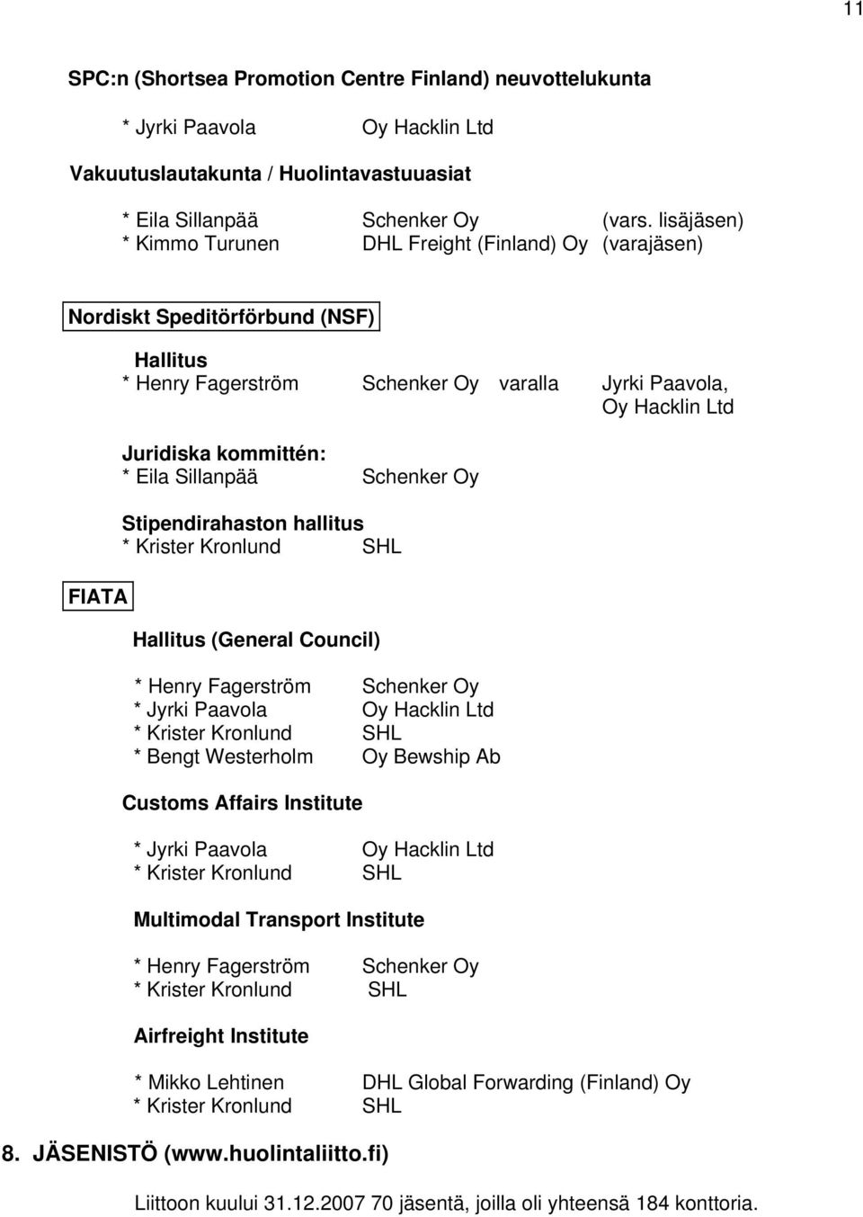 * Eila Sillanpää Schenker Oy Stipendirahaston hallitus Hallitus (General Council) * Henry Fagerström Schenker Oy * Jyrki Paavola Oy Hacklin Ltd * Bengt Westerholm Oy Bewship Ab Customs Affairs