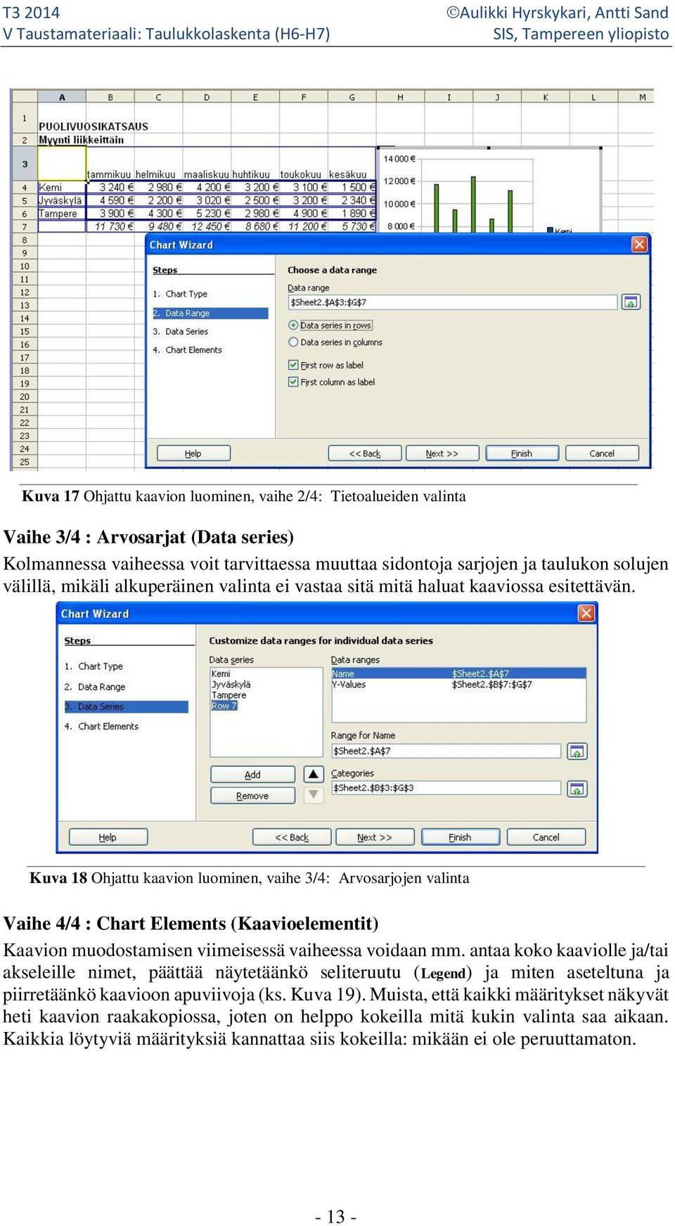 Kuva 18 Ohjattu kaavion luominen, vaihe 3/4: Arvosarjojen valinta Vaihe 4/4 : Chart Elements (Kaavioelementit) Kaavion muodostamisen viimeisessä vaiheessa voidaan mm.