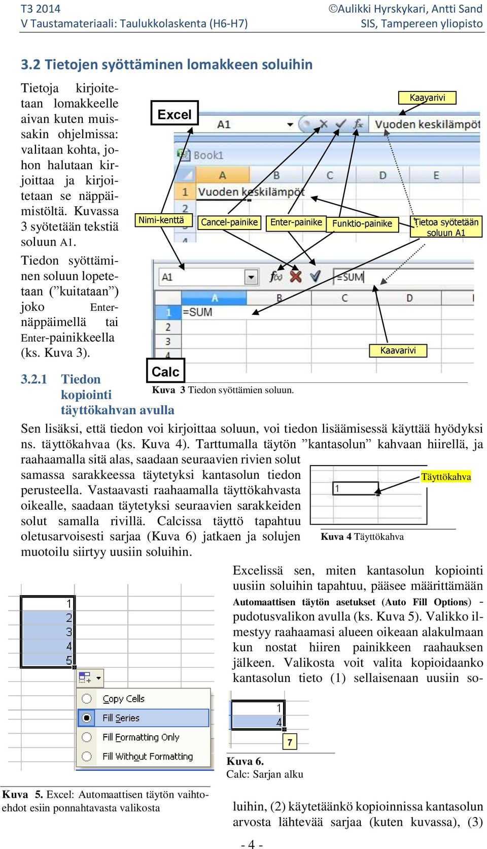 Excel Nimi-kenttä Cancel-painike Enter-painike Funktio-painike Kaavarivi Kaavarivi Tietoa syötetään soluun A1 Kuva 5. Excel: Automaattisen täytön vaihtoehdot esiin ponnahtavasta valikosta Kuva 6.