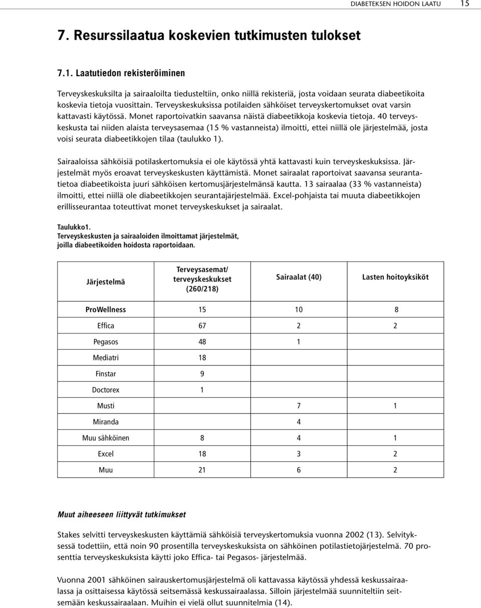 40 terveyskeskusta tai niiden alaista terveysasemaa (15 % vastanneista) ilmoitti, ettei niillä ole järjestelmää, josta voisi seurata diabeetikkojen tilaa (taulukko 1).