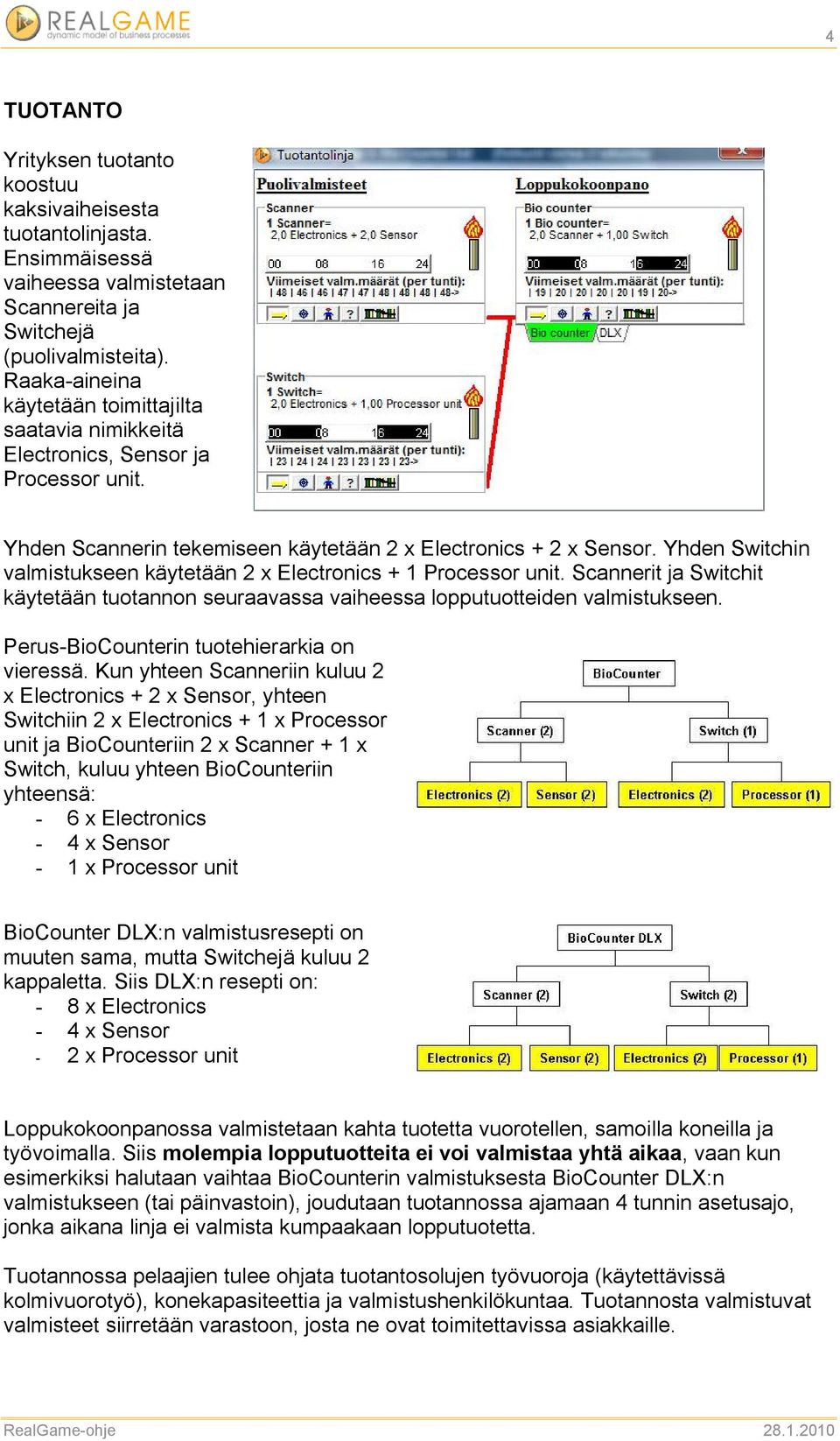 Yhden Switchin valmistukseen käytetään 2 x Electronics + 1 Processor unit. Scannerit ja Switchit käytetään tuotannon seuraavassa vaiheessa lopputuotteiden valmistukseen.