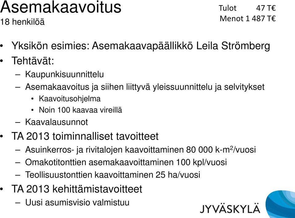 vireillä Kaavalausunnot TA 2013 toiminnalliset tavoitteet Asuinkerros- ja rivitalojen kaavoittaminen 80 000 k-m 2 /vuosi