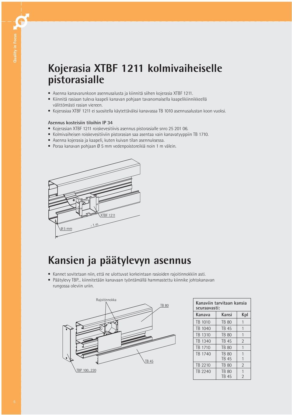 Kojerasiaa XTBF 1211 ei suositella käytettäväksi kanavassa TB 1010 asennusalustan koon vuoksi.