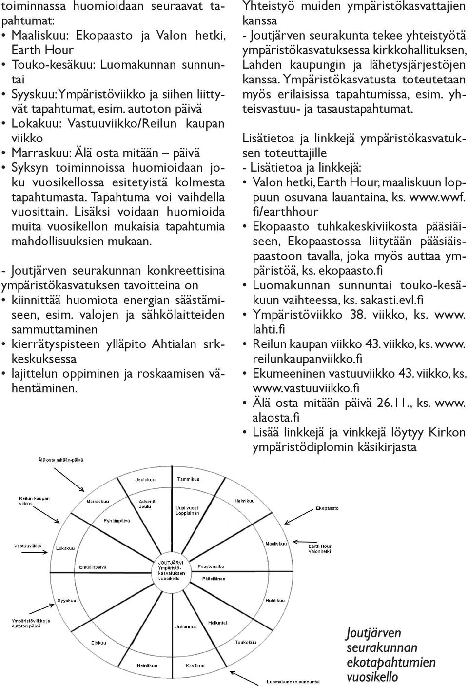 Tapahtuma voi vaihdella vuosittain. Lisäksi voidaan huomioida muita vuosikellon mukaisia tapahtumia mahdollisuuksien mukaan.