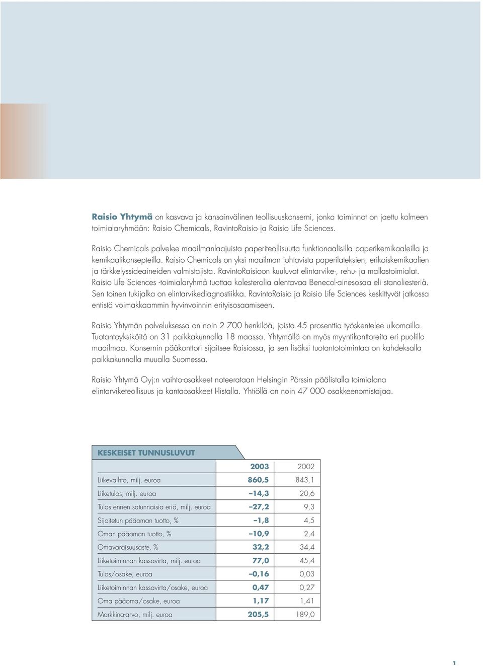 Raisio Chemicals on yksi maailman johtavista paperilateksien, erikoiskemikaalien ja tärkkelyssideaineiden valmistajista. RavintoRaisioon kuuluvat elintarvike-, rehu- ja mallastoimialat.