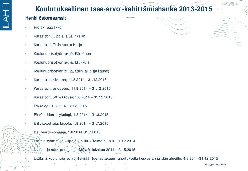 8.2014 31.3.2015 Päivähoidon psykologi, 1.8.2014 31.3.2015 Erityisopettaja, Liipola; 1.8.2014 31.7.2015 Ice Hearts ohjaaja, 1.8.2014-31.7.2015 Projektityöntekijä, Liipola (koulu + Toimela), 9.