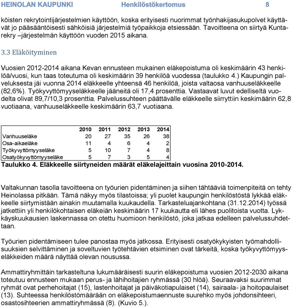 3 Eläköityminen Vuosien 2012-2014 aikana Kevan ennusteen mukainen eläkepoistuma oli keskimäärin 43 henkilöä/vuosi, kun taas toteutuma oli keskimäärin 39 henkilöä vuodessa (taulukko 4.