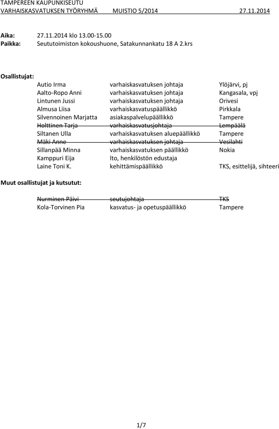 varhaiskasvatuspäällikkö Pirkkala Silvennoinen Marjatta asiakaspalvelupäällikkö Tampere Holttinen Tarja varhaiskasvatusjohtaja Lempäälä Siltanen Ulla varhaiskasvatuksen aluepäällikkö Tampere Mäki