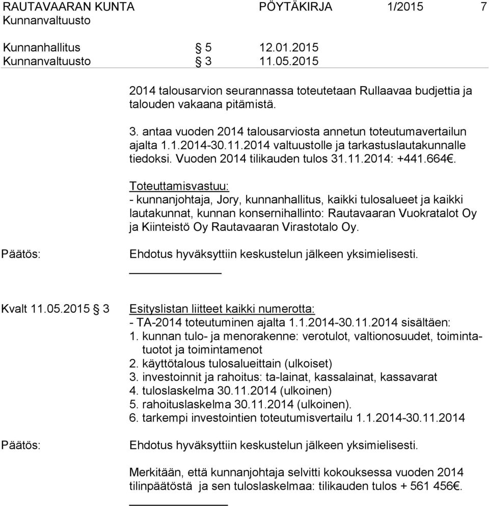 Toteuttamisvastuu: - kunnanjohtaja, Jory, kunnanhallitus, kaikki tulosalueet ja kaikki lautakunnat, kunnan konsernihallinto: Rautavaaran Vuokratalot Oy ja Kiinteistö Oy Rautavaaran Virastotalo Oy.