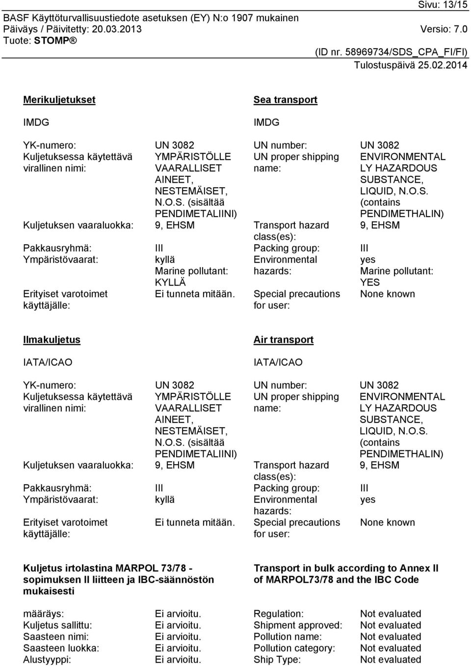 Pakkausryhmä: III Packing group: III Ympäristövaarat: kyllä Marine pollutant: KYLLÄ Environmental hazards: YES Erityiset varotoimet käyttäjälle: Ei tunneta mitään.