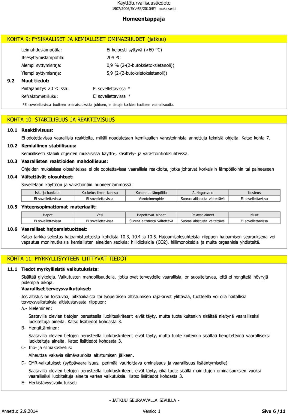 (2-(2-butoksietoksietanoli)) 5,9 (2-(2-butoksietoksietanoli)) * * * tuotteen ominaisuuksista johtuen, ei tietoja koskien tuotteen vaarallisuutta. KOHTA 10: STABIILISUUS JA REAKTIIVISUUS 10.1 10.2 10.