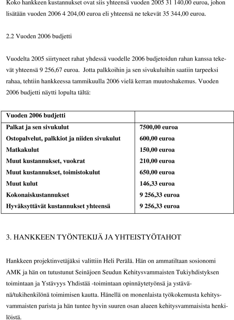 Vuoden 2006 budjetti näytti lopulta tältä: Vuoden 2006 budjetti Palkat ja sen sivukulut Ostopalvelut, palkkiot ja niiden sivukulut Matkakulut Muut kustannukset, vuokrat Muut kustannukset,