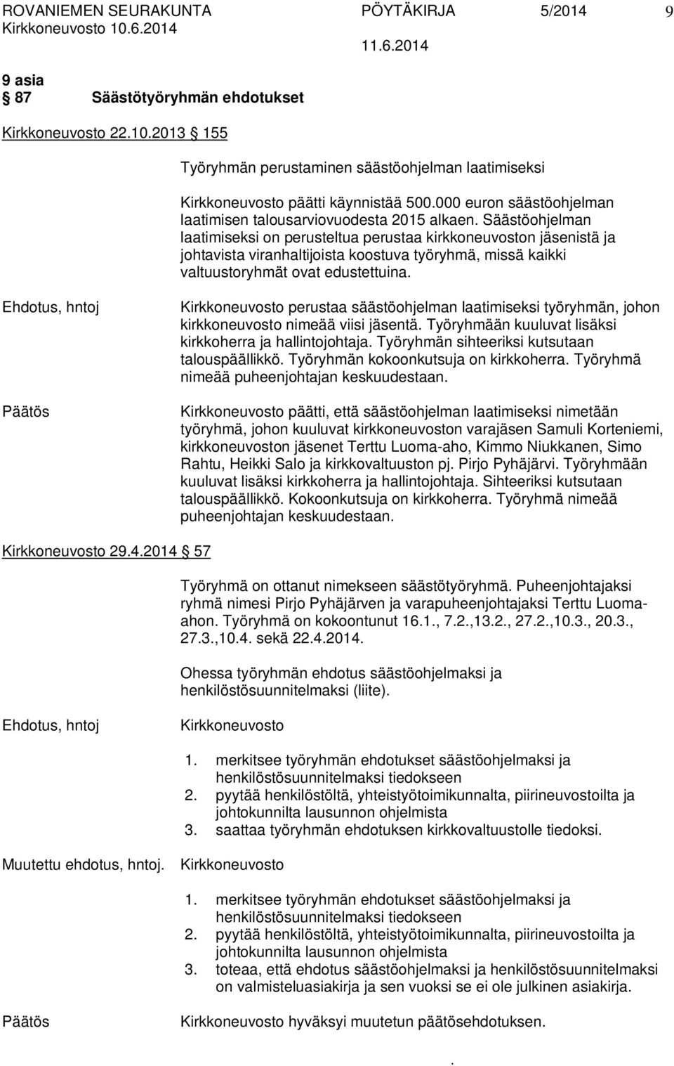 valtuustoryhmät ovat edustettuina Ehdotus, hntoj Kirkkoneuvosto perustaa säästöohjelman laatimiseksi työryhmän, johon kirkkoneuvosto nimeää viisi jäsentä Työryhmään kuuluvat lisäksi kirkkoherra ja