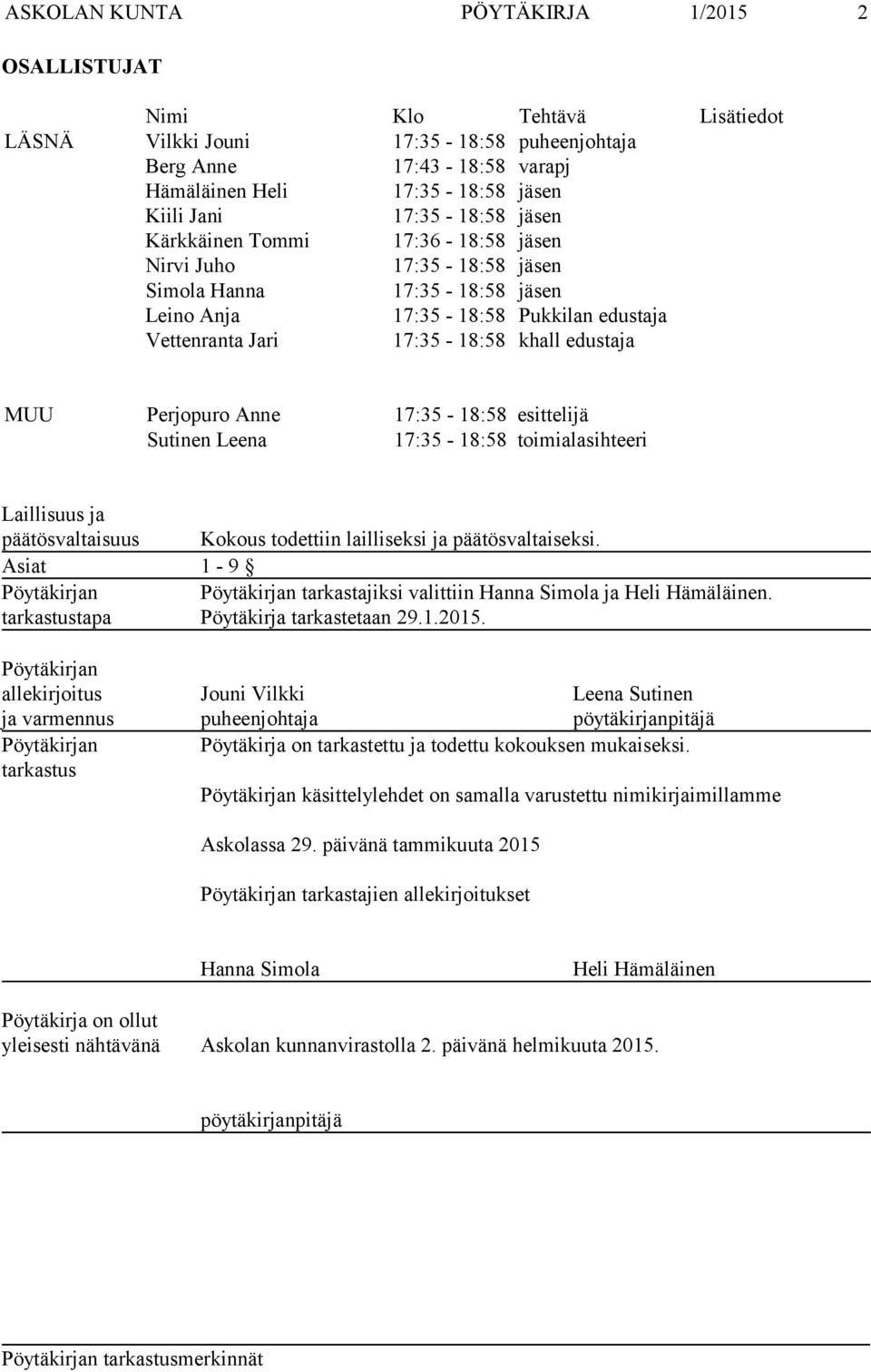 MUU Perjopuro Anne 17:35-18:58 esittelijä Sutinen Leena 17:35-18:58 toimialasihteeri Laillisuus ja päätösvaltaisuus Kokous todettiin lailliseksi ja päätösvaltaiseksi.