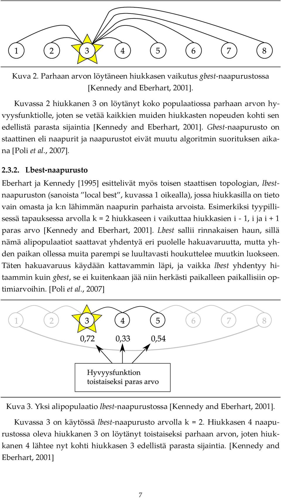 2001]. Gbest-naapurusto on staattinen eli naapurit ja naapurustot eivät muutu algoritmin suorituksen aikana [Poli et al., 2007]. 2.3.2. Lbest-naapurusto Eberhart ja Kennedy [1995] esittelivät myös