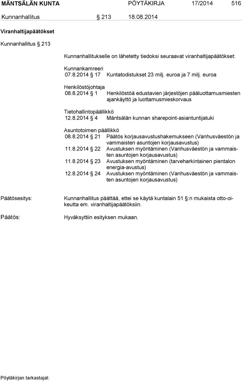 euroa Henkilöstöjohtaja 08.8.2014 1 Henkilöstöä edustavien järjestöjen pääluottamusmiesten ajan käyt tö ja luottamusmieskorvaus Tietohallintopäällikkö 12.8.2014 4 Mäntsälän kunnan sharepoint-asiantuntijatuki Asuntotoimen päällikkö 08.