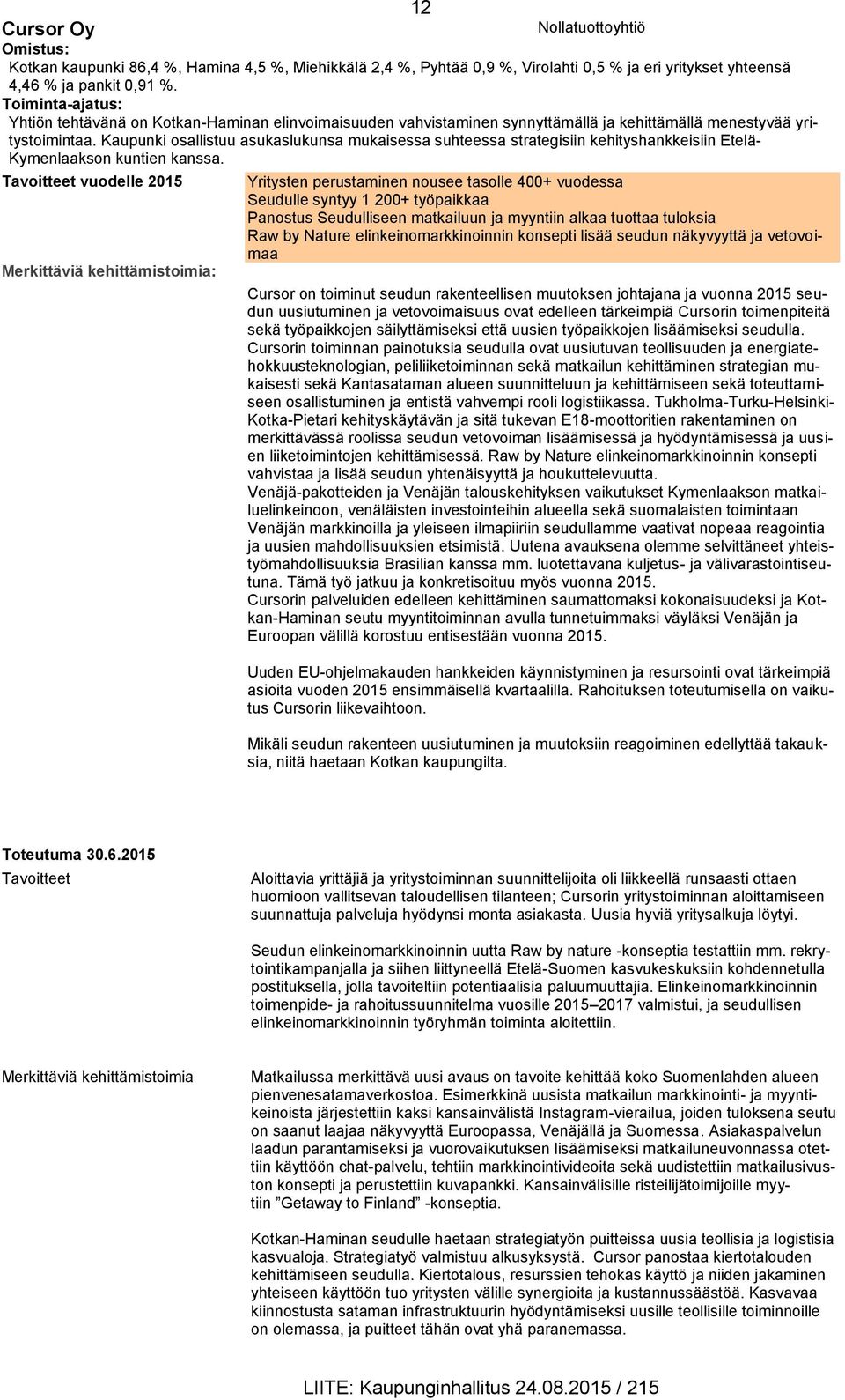 Kaupunki osallistuu asukaslukunsa mukaisessa suhteessa strategisiin kehityshankkeisiin Etelä- Kymenlaakson kuntien kanssa.