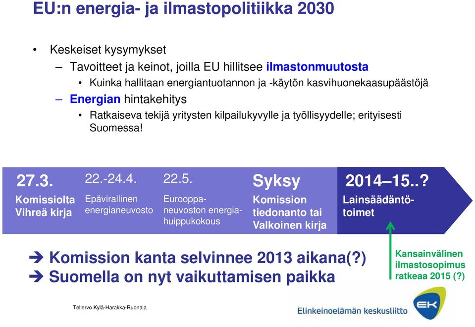 Suomessa! 27.3. 22.-24.4. 22.5. Syksy Komissiolta Vihreä kirja Epävirallinen energianeuvosto Komission tiedonanto tai Valkoinen kirja 2014 15.