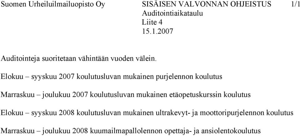 Elokuu syyskuu 2007 koulutusluvan mukainen purjelennon koulutus Marraskuu joulukuu 2007 koulutusluvan mukainen