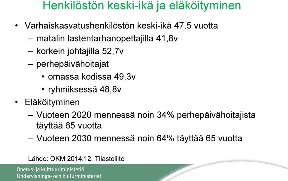 kodissa 49,3v ryhmiksessä 48,8v Eläköityminen Vuoteen 2020 mennessä noin 34%