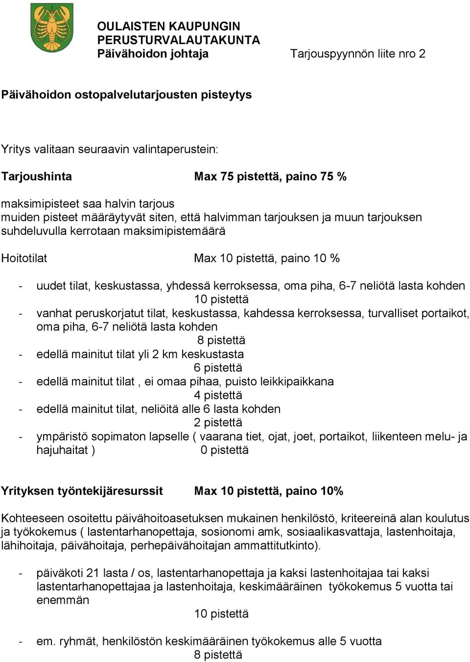 pistettä, paino 10 % - uudet tilat, keskustassa, yhdessä kerroksessa, oma piha, 6-7 neliötä lasta kohden 10 pistettä - vanhat peruskorjatut tilat, keskustassa, kahdessa kerroksessa, turvalliset