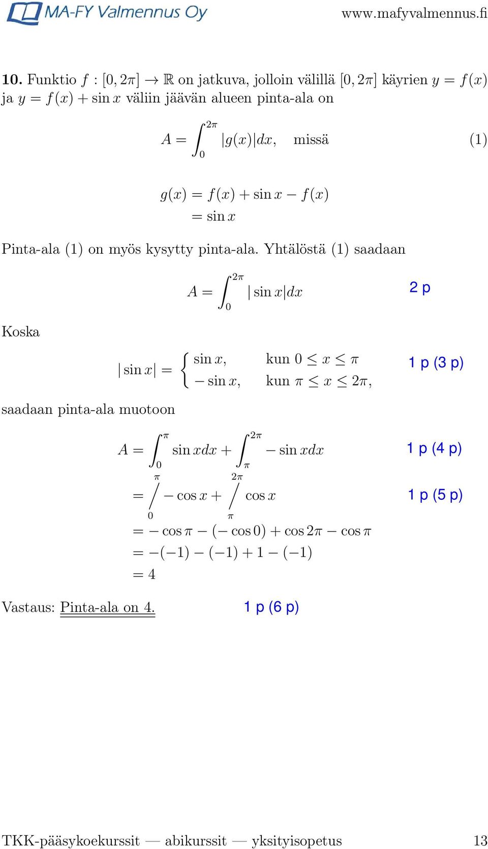 Yhtälöstä () saadaan Koska sin x = A = π 0 sin x dx { sin x, kun 0 x π sin x, kun π x π, saadaan pinta-ala muotoon A = = π 0 0 sin