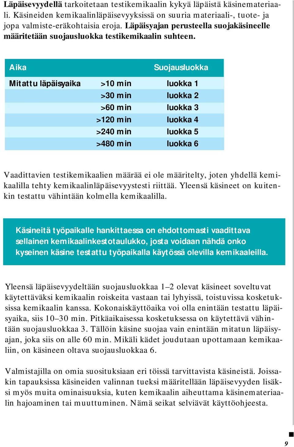 Aika Suojausluokka Mitattu läpäisyaika >10 min luokka 1 >30 min luokka 2 >60 min luokka 3 >120 min luokka 4 >240 min luokka 5 >480 min luokka 6 Vaadittavien testikemikaalien määrää ei ole määritelty,