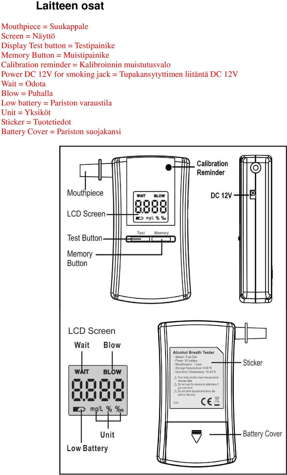 for smoking jack = Tupakansytyttimen liitäntä DC 12V Wait = Odota Blow = Puhalla Low battery