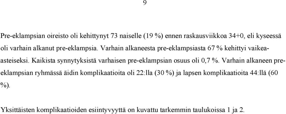 Kaikista synnytyksistä varhaisen pre-eklampsian osuus oli 0,7 %.