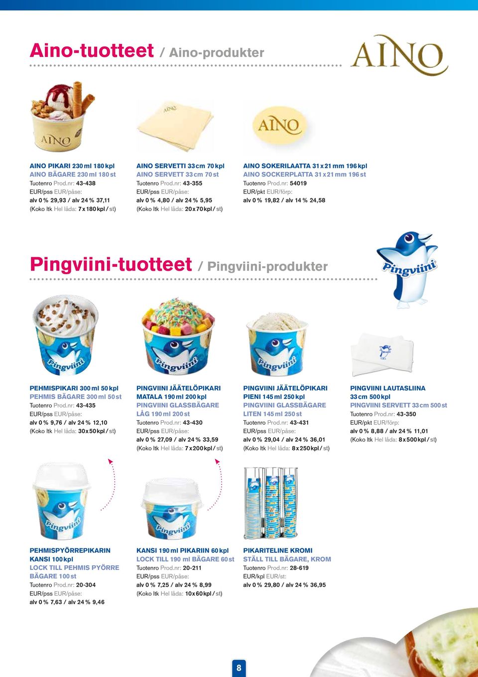 nr: 43-355 alv 0 % 4,80 / alv 24 % 5,95 (Koko ltk Hel låda: 20 x 70 kpl / st) AINO SOKERILAATTA 31 x 21 mm 196 kpl AINO SOCKERPLATTA 31 x 21 mm 196 st Tuotenro Prod.