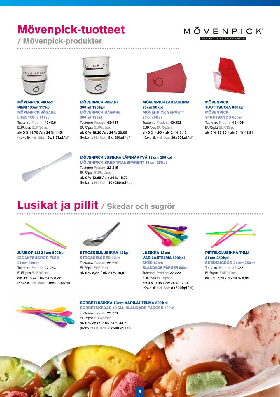 nr: 43-427 alv 0 % 16,20 /alv 24 % 20,09 (Koko ltk Hel låda: 8 x 135 kpl / st) MÖVENPICK LAUTASLIINA 33 cm 50 kpl MÖVENPICK SERVETT 33 cm 50 st Tuotenro Prod.