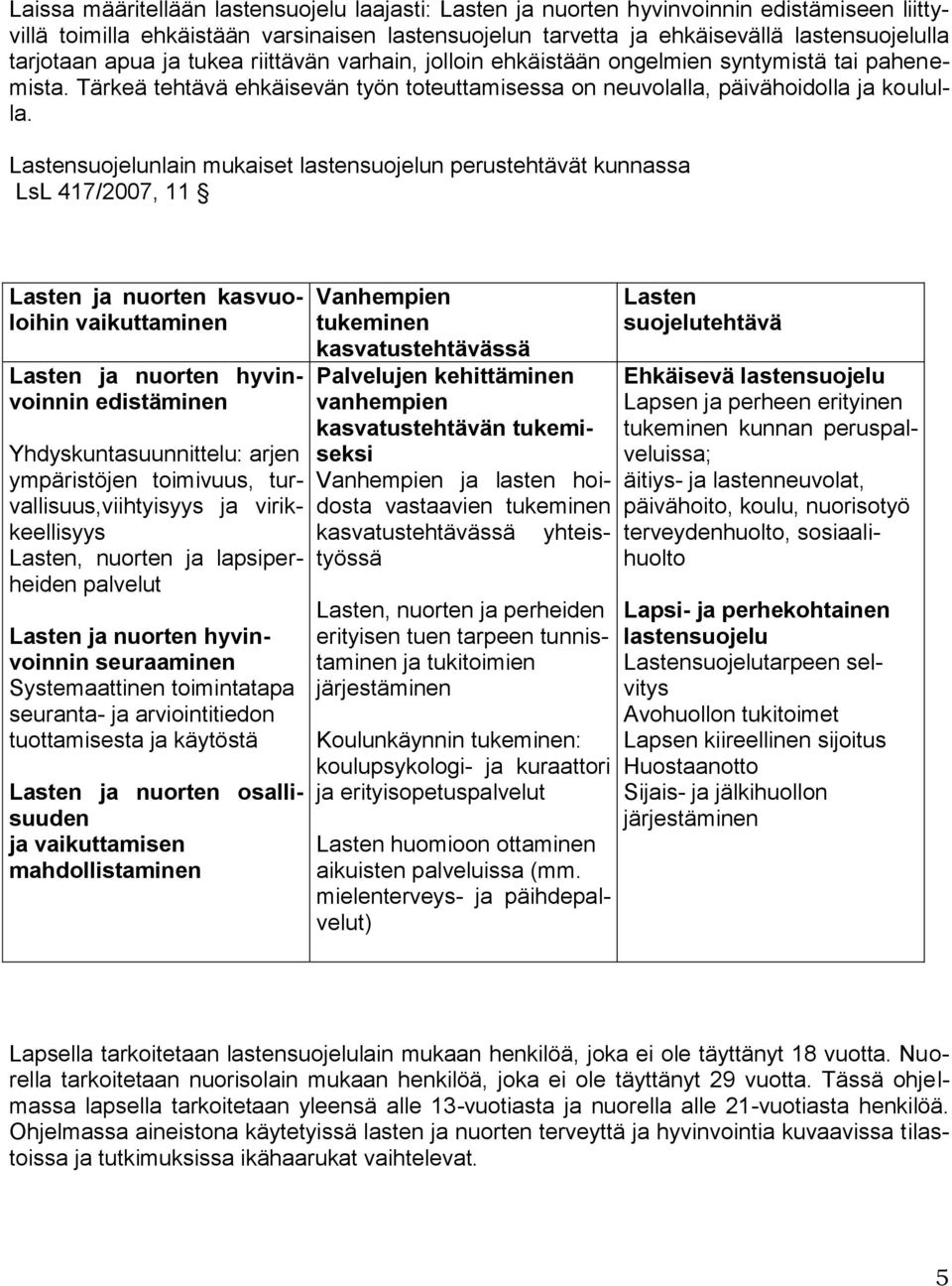 Lastensuojelunlain mukaiset lastensuojelun perustehtävät kunnassa LsL 417/2007, 11 Lasten ja nuorten kasvuoloihin vaikuttaminen Lasten ja nuorten hyvinvoinnin edistäminen Yhdyskuntasuunnittelu: arjen