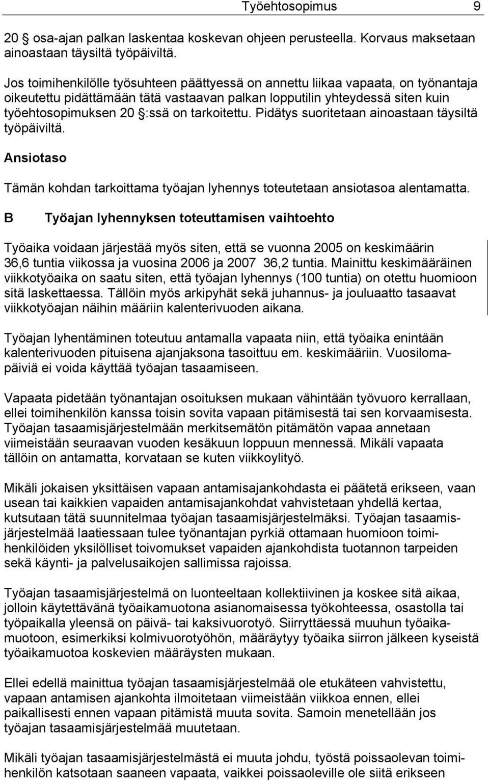 tarkoitettu. Pidätys suoritetaan ainoastaan täysiltä työpäiviltä. Ansiotaso Tämän kohdan tarkoittama työajan lyhennys toteutetaan ansiotasoa alentamatta.