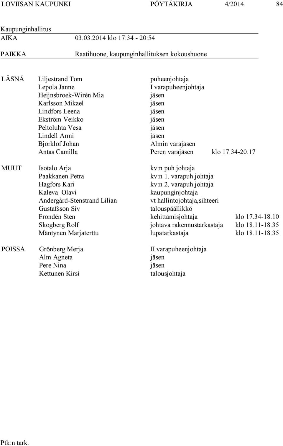 Lindfors Leena jäsen Ekström Veikko jäsen Peltoluhta Vesa jäsen Lindell Armi jäsen Björklöf Johan Almin varajäsen Antas Camilla Peren varajäsen klo 17.34-20.17 MUUT Isotalo Arja kv:n puh.