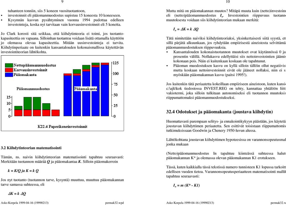 Investointien riippuvuus tuotanno & Kysynnän kasvun pysähtyminen vuonna 1994 pudottaa edelleen muutoksesta voidaan siis kiihdytinteorian mukaan merkitä: investointeja, koska nyt tarvitaan vain