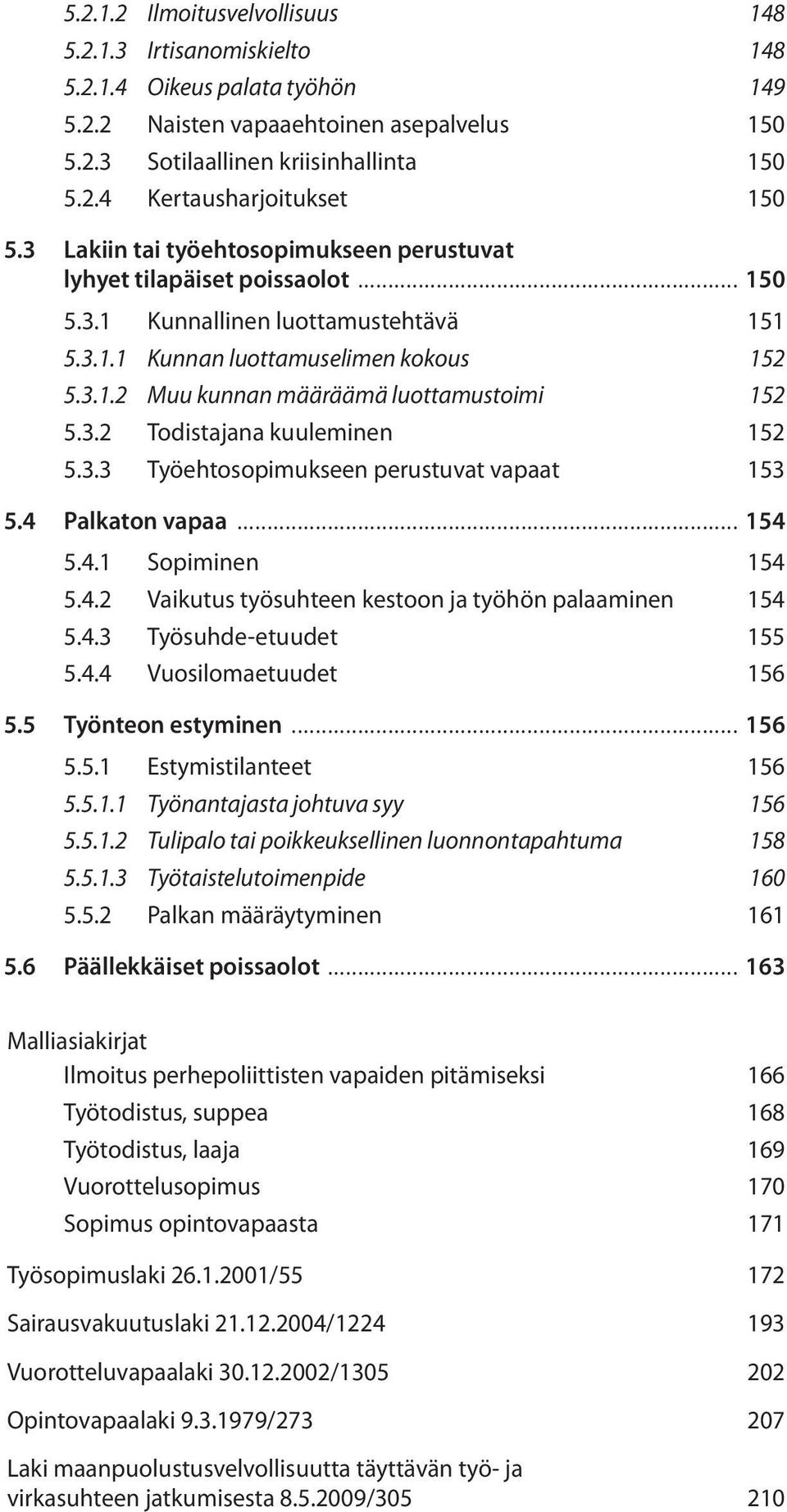 3.2 Todistajana kuuleminen 152 5.3.3 Työehtosopimukseen perustuvat vapaat 153 5.4 Palkaton vapaa... 154 5.4.1 Sopiminen 154 5.4.2 Vaikutus työsuhteen kestoon ja työhön palaaminen 154 5.4.3 Työsuhde-etuudet 155 5.