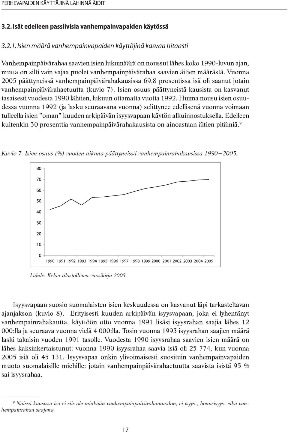 saavien äitien määrästä. Vuonna 25 päättyneissä vanhempainpäivärahakausissa 69,8 prosentissa isä oli saanut jotain vanhempainpäivärahaetuutta (kuvio 7).