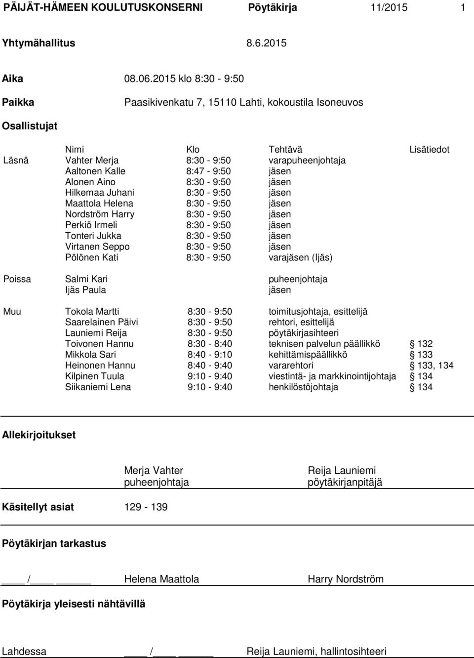 Alonen Aino 8:30-9:50 jäsen Hilkemaa Juhani 8:30-9:50 jäsen Maattola Helena 8:30-9:50 jäsen Nordström Harry 8:30-9:50 jäsen Perkiö Irmeli 8:30-9:50 jäsen Tonteri Jukka 8:30-9:50 jäsen Virtanen Seppo