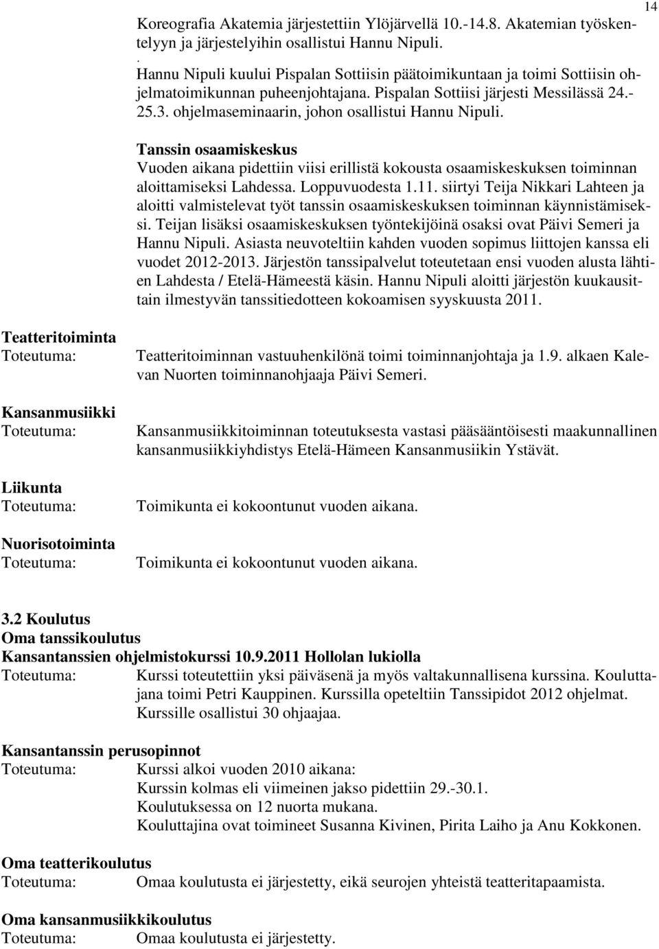 ohjelmaseminaarin, johon osallistui Hannu Nipuli. Tanssin osaamiskeskus Vuoden aikana pidettiin viisi erillistä kokousta osaamiskeskuksen toiminnan aloittamiseksi Lahdessa. Loppuvuodesta 1.11.