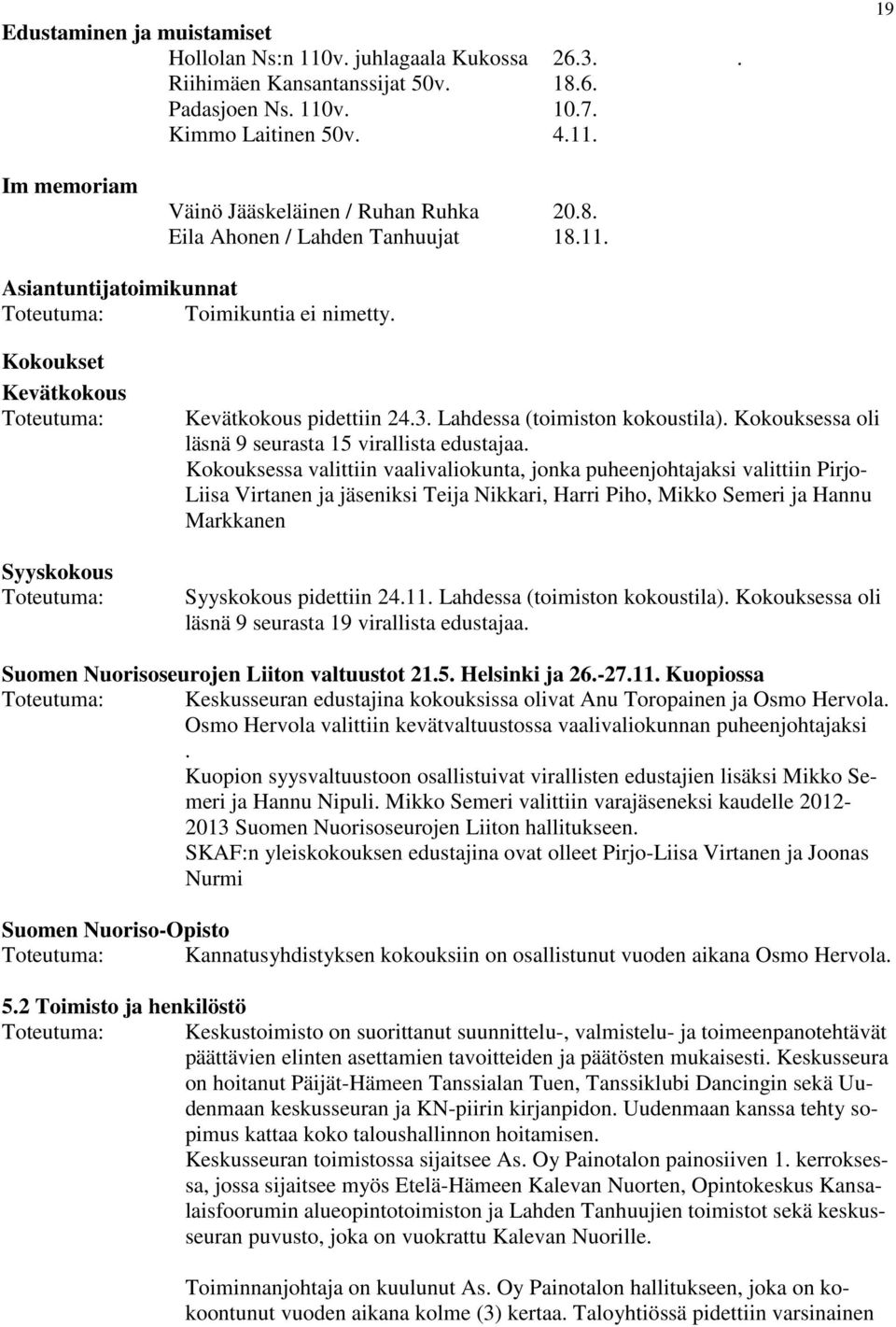 Kokouksessa oli läsnä 9 seurasta 15 virallista edustajaa.