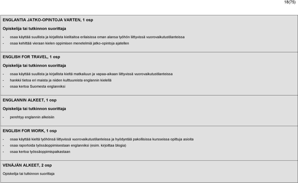eri maista ja niiden kulttuureista englannin kielellä - osaa kertoa Suomesta englanniksi ENGLANNIN ALKEET, 1 osp - perehtyy englannin alkeisiin ENGLISH FOR WORK, 1 osp - osaa käyttää kieltä työhönsä