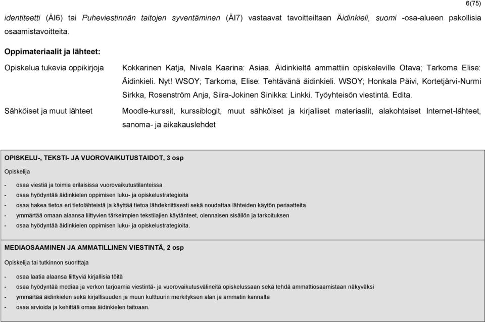 Nyt! WSOY; Tarkoma, Elise: Tehtävänä äidinkieli. WSOY; Honkala Päivi, Kortetjärvi-Nurmi Sirkka, Rosenström Anja, Siira-Jokinen Sinikka: Linkki. Työyhteisön viestintä. Edita.