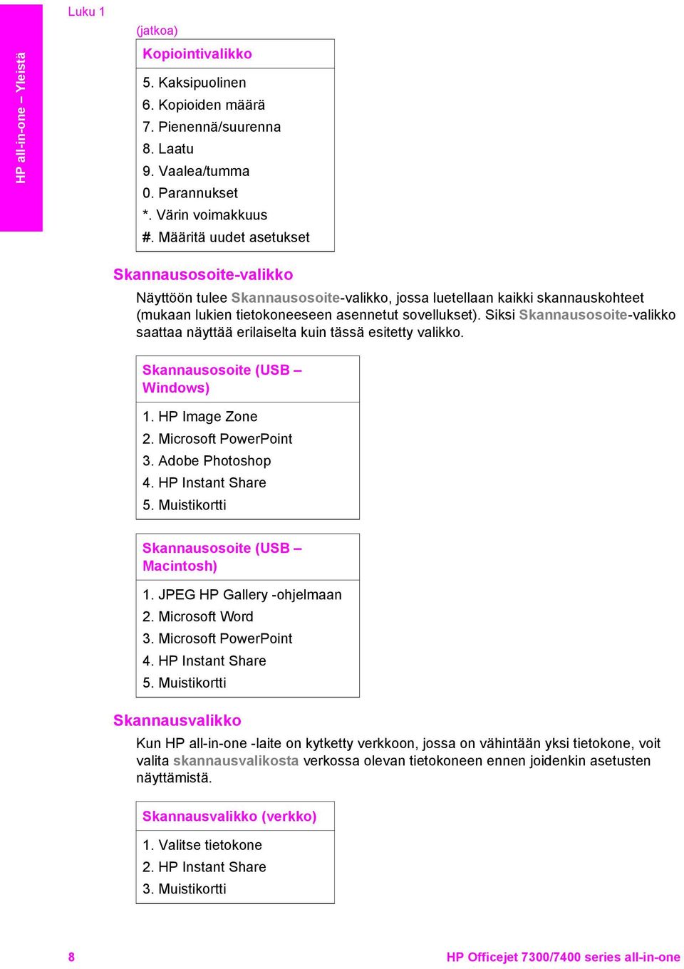 Siksi Skannausosoite-valikko saattaa näyttää erilaiselta kuin tässä esitetty valikko. Skannausosoite (USB Windows) 1. HP Image Zone 2. Microsoft PowerPoint 3. Adobe Photoshop 4. HP Instant Share 5.