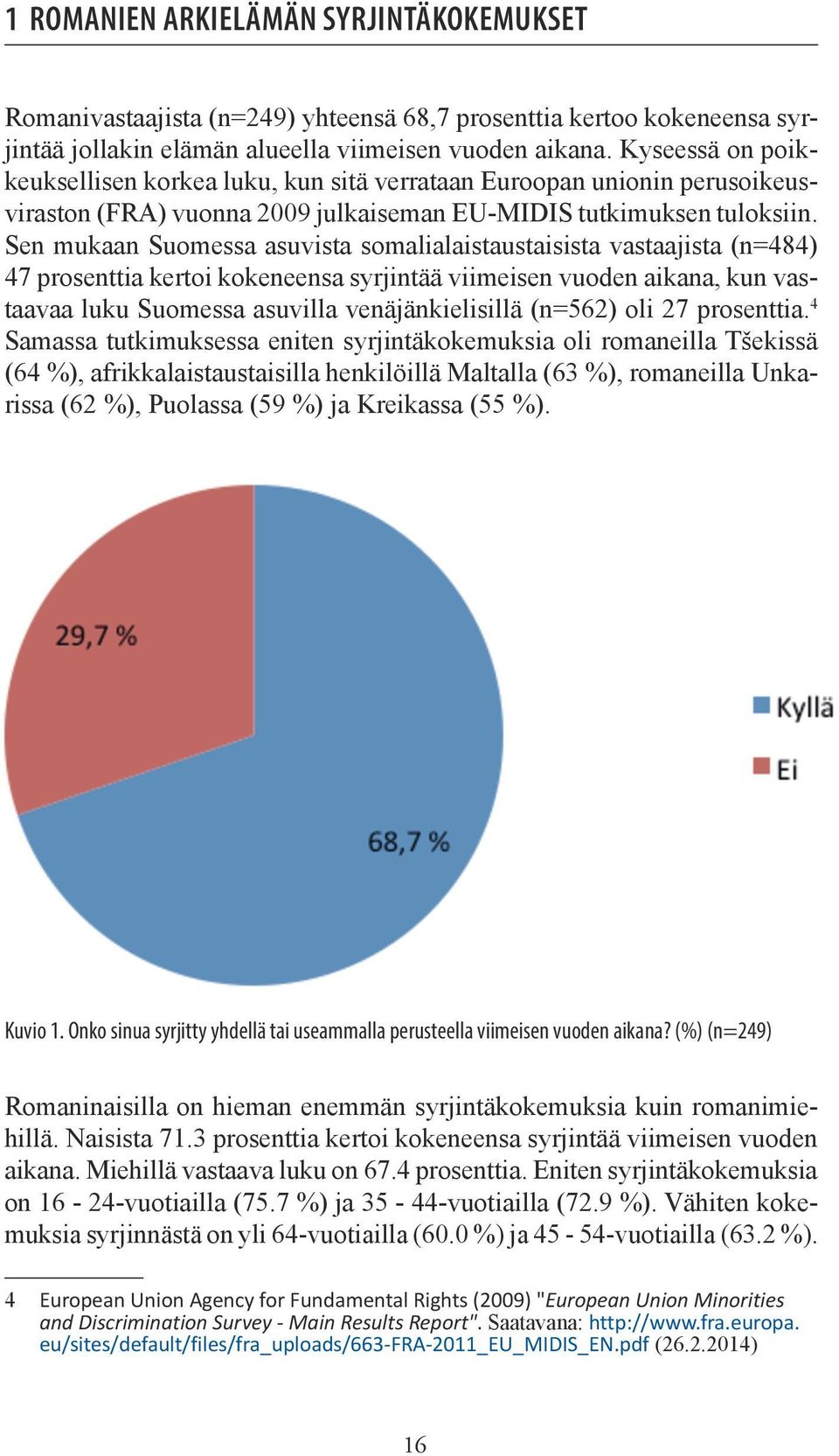 Sen mukaan Suomessa asuvista somalialaistaustaisista vastaajista (n=484) 47 prosenttia kertoi kokeneensa syrjintää viimeisen vuoden aikana, kun vastaavaa luku Suomessa asuvilla venäjänkielisillä